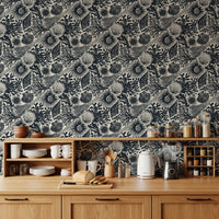 Detailed linocut-style seashell and coral pattern on Boho Midnight Blue wallpaper