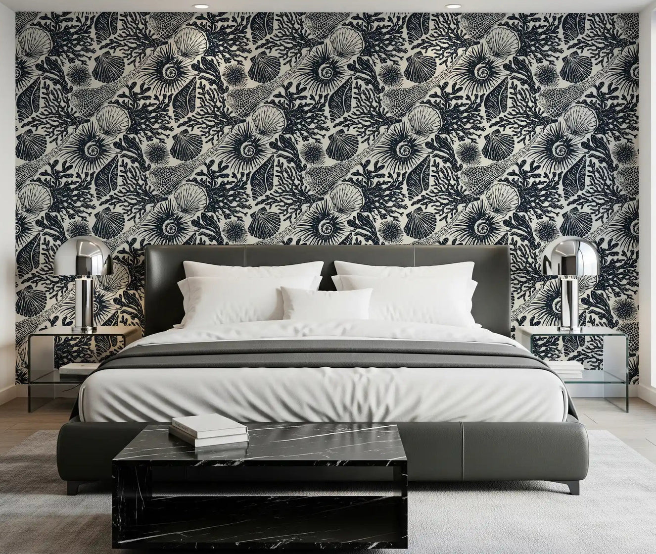 Seashell Coral wallpaper covering a bedroom feature surface in midnight navy