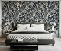 Seashell Coral wallpaper covering a bedroom feature surface in midnight navy