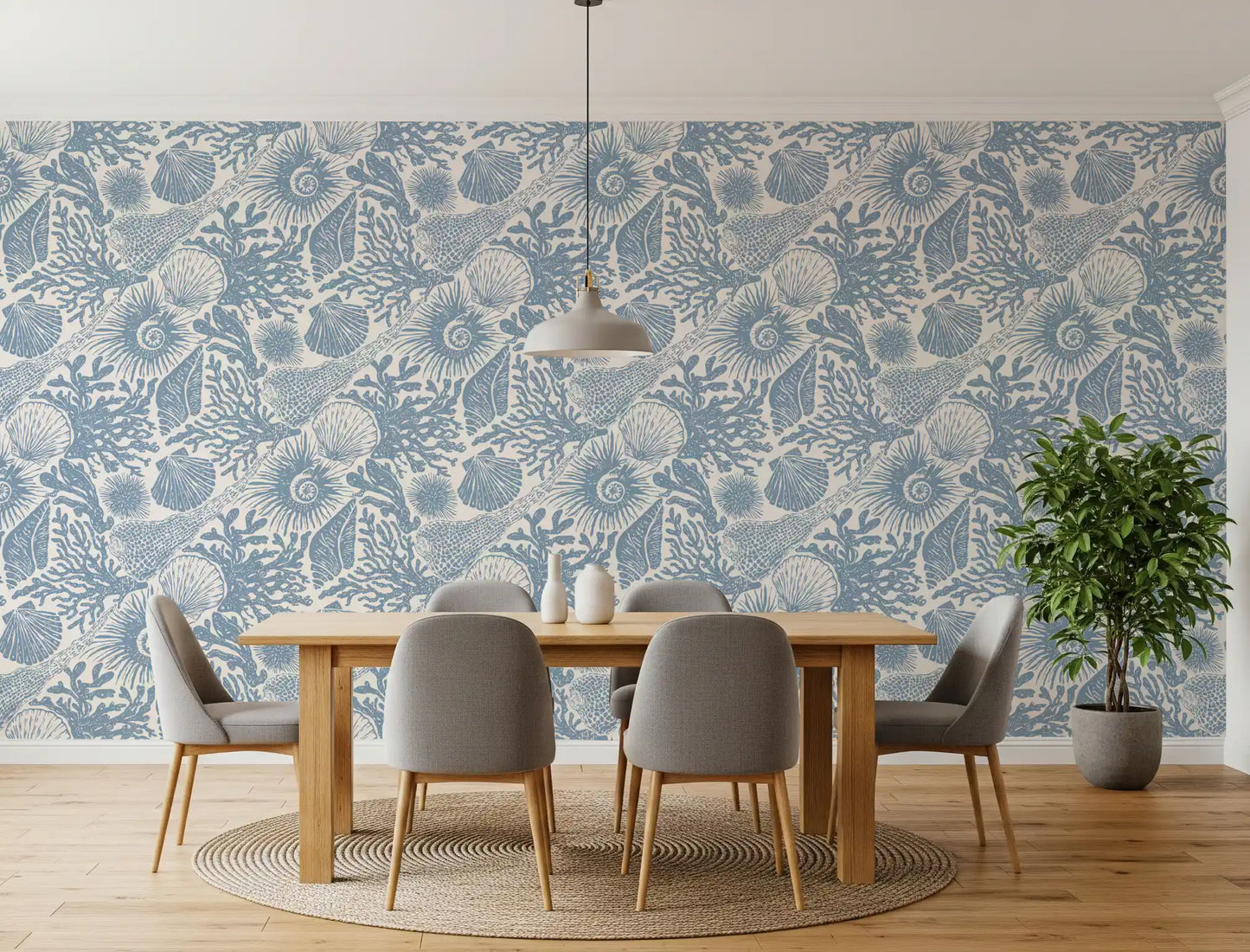 Boho Seashell & Coral Muted Blue Wallpaper⁠