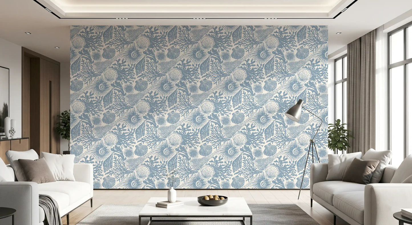 Boho Seashell & Coral Muted Blue Wallpaper⁠