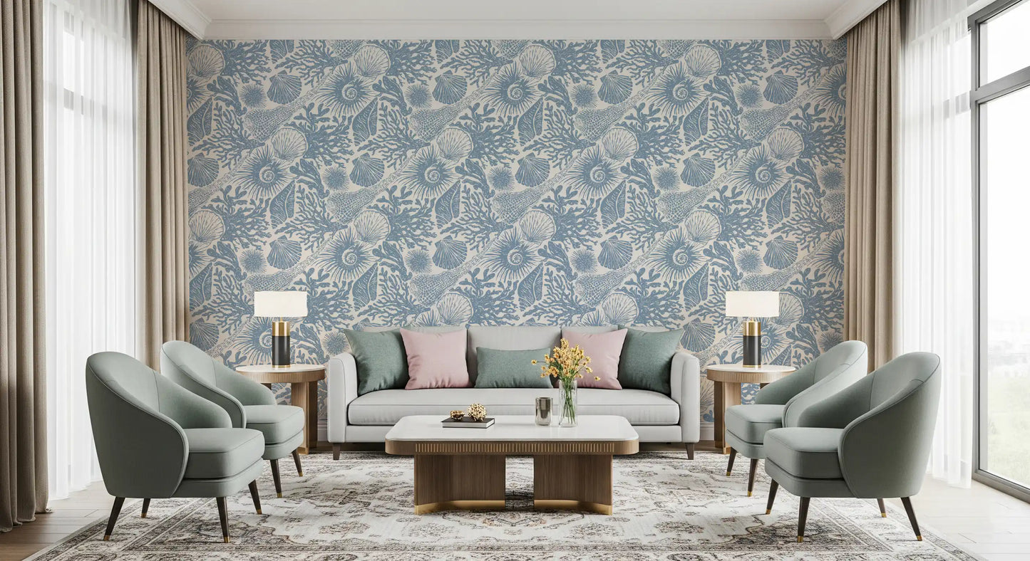 Boho Seashell & Coral Muted Blue Wallpaper⁠