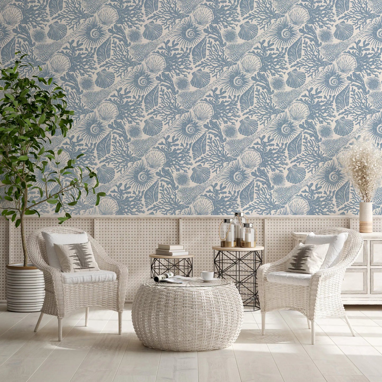 Boho Seashell & Coral Muted Blue Wallpaper⁠