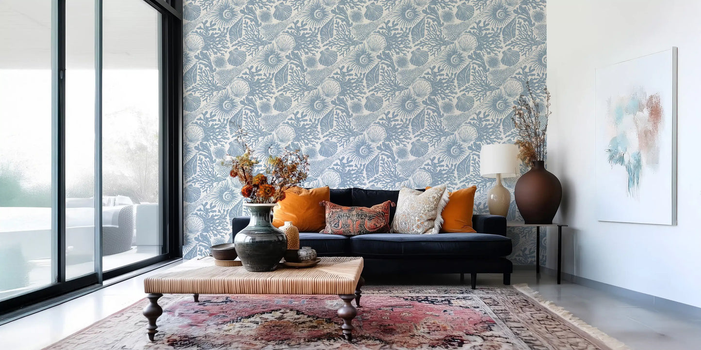 Boho Seashell & Coral Muted Blue Wallpaper⁠