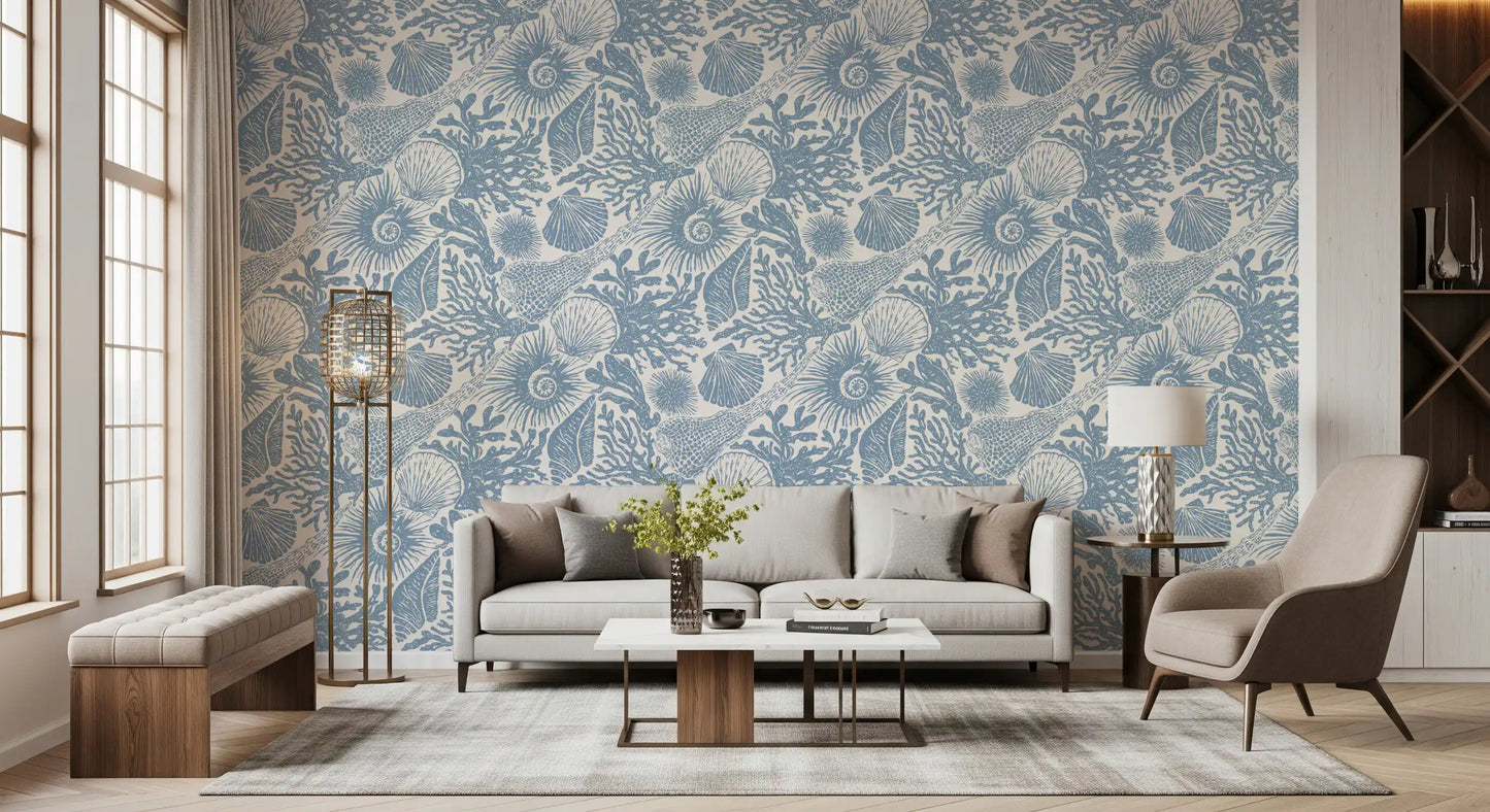 Boho Seashell & Coral Muted Blue Wallpaper⁠