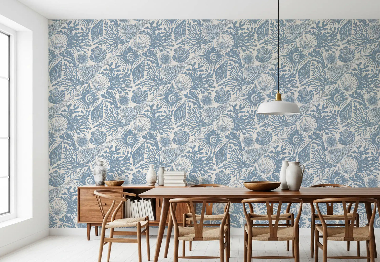 Boho Seashell & Coral Muted Blue Wallpaper⁠