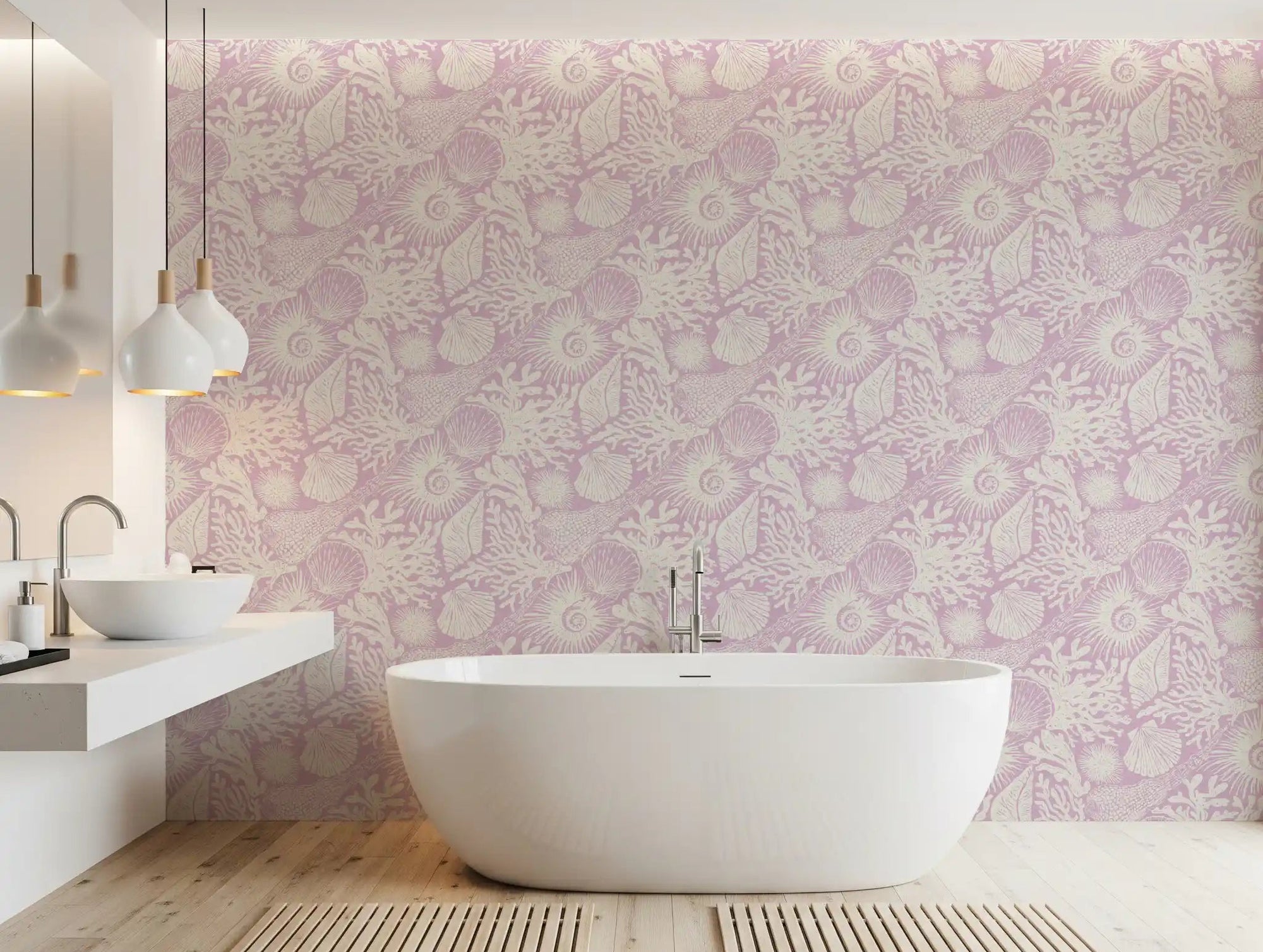 Boho Seashell Coral Lavender wallpaper behind a bathroom in warm purple and cream