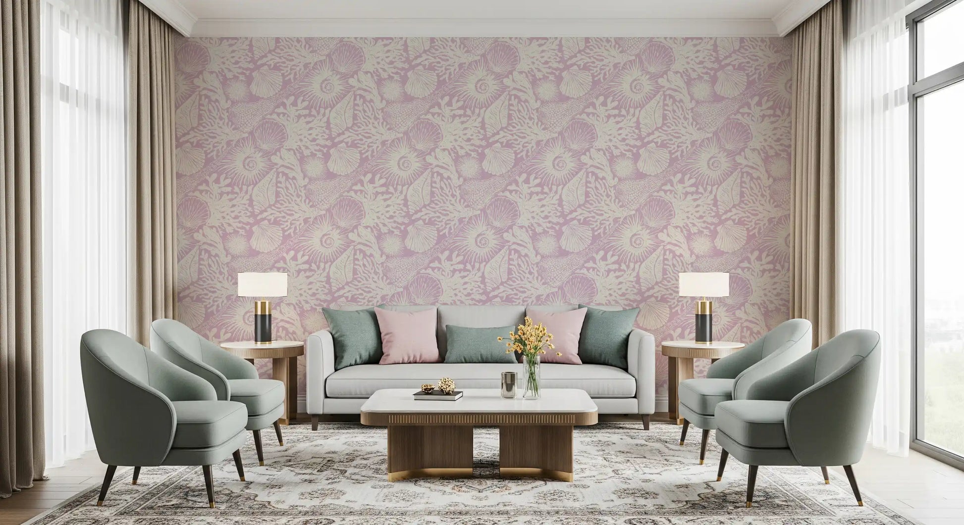 Boho Lavender Seashell wallpaper spanning a living room in soft purple on cream
