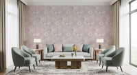 Boho Lavender Seashell wallpaper spanning a living room in soft purple on cream