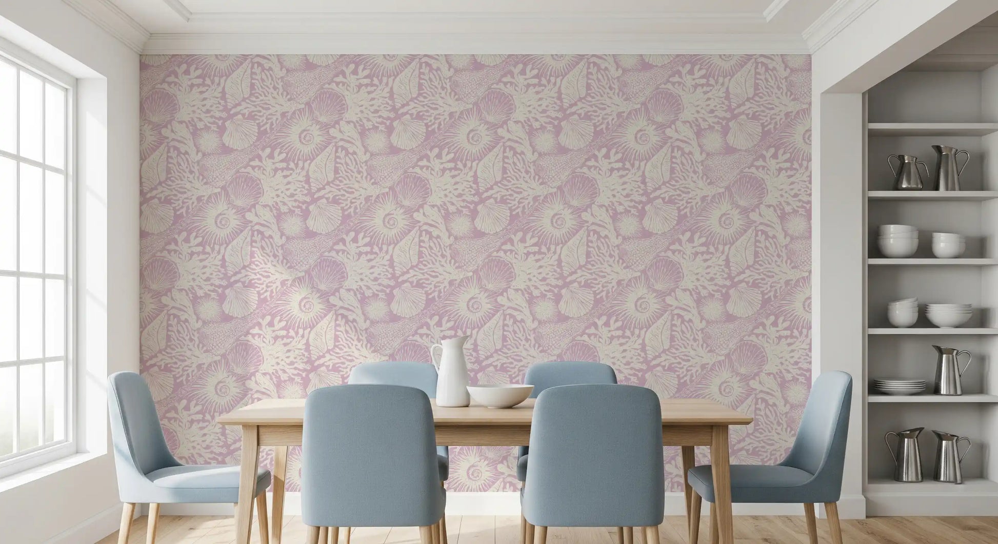 Branching coral and scallop shells across the Boho Lavender Coral wallpaper