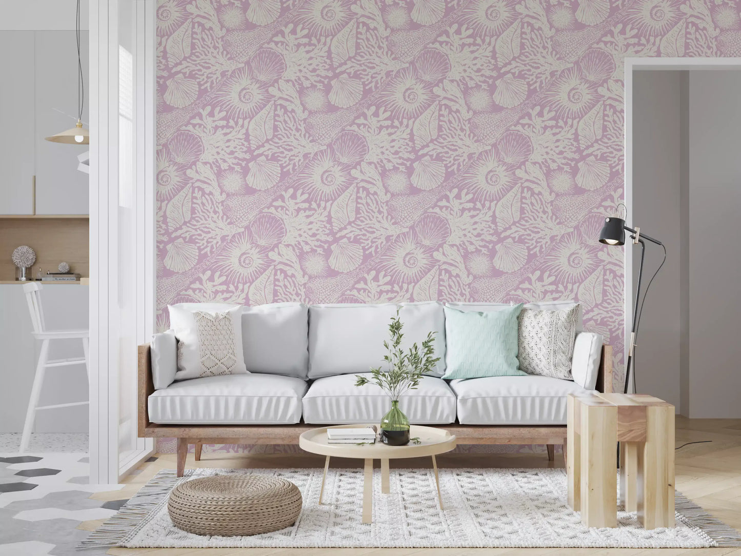 Warm purple ground and cream shell forms in the Boho Seashell Lavender wallpaper