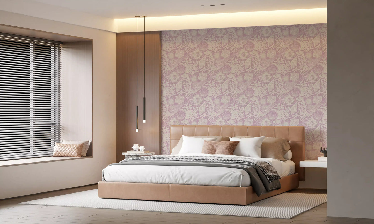 Sea urchin forms in cream on the Seashell Coral Lavender wallpaper surface