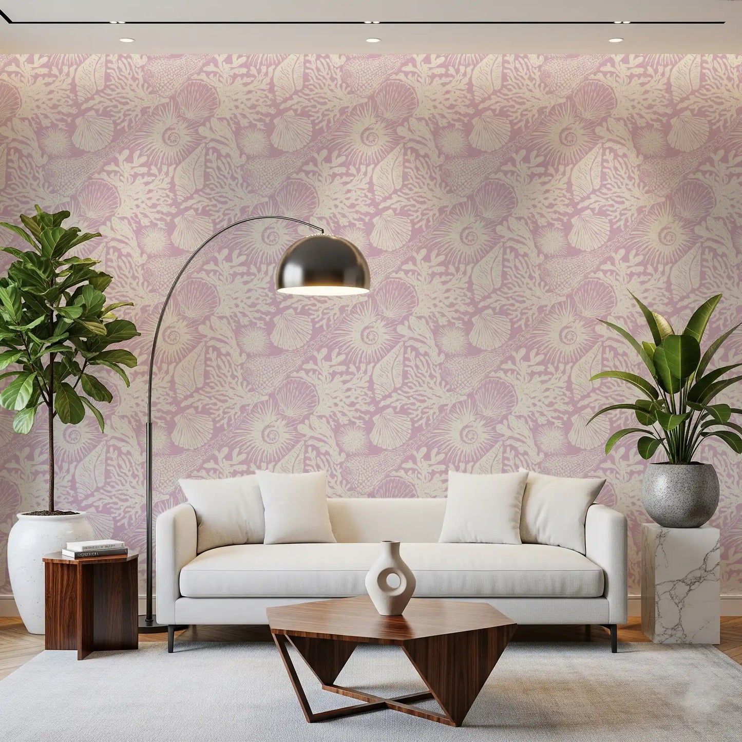 Boho Seashell wallpaper across a lounge in muted lavender and cream illustration