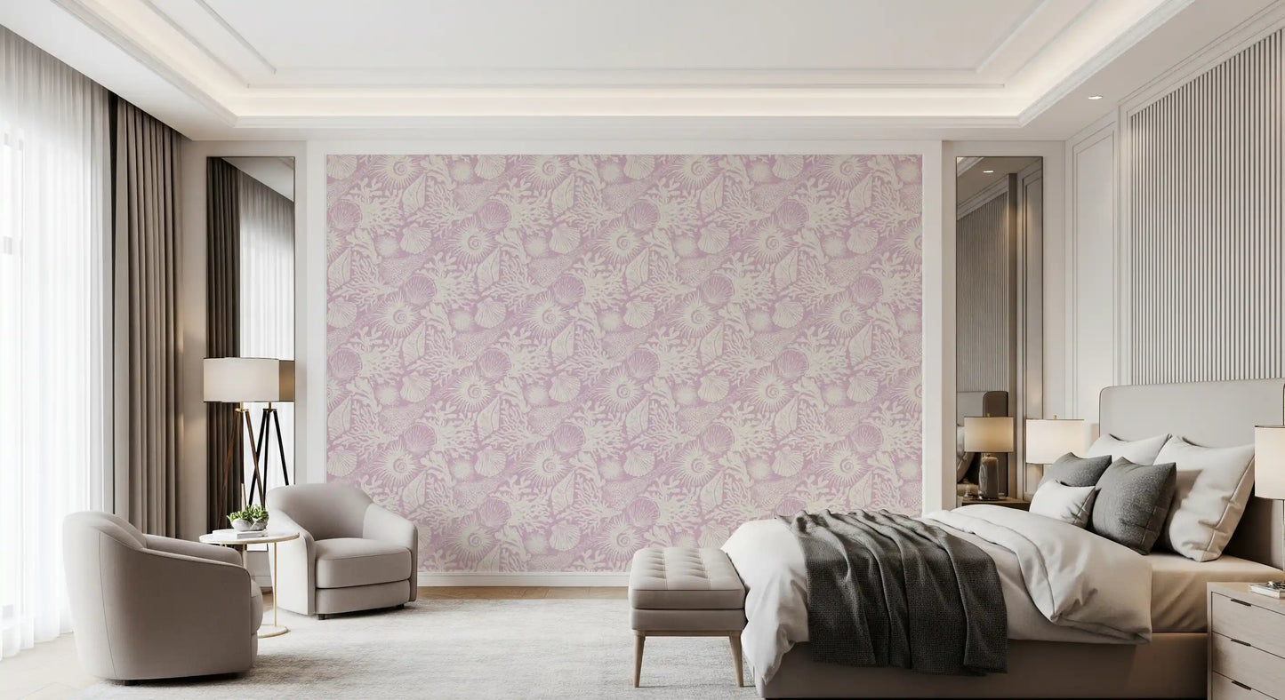 Lavender Boho Seashell Coral wallpaper showing the full coastal motif repeat