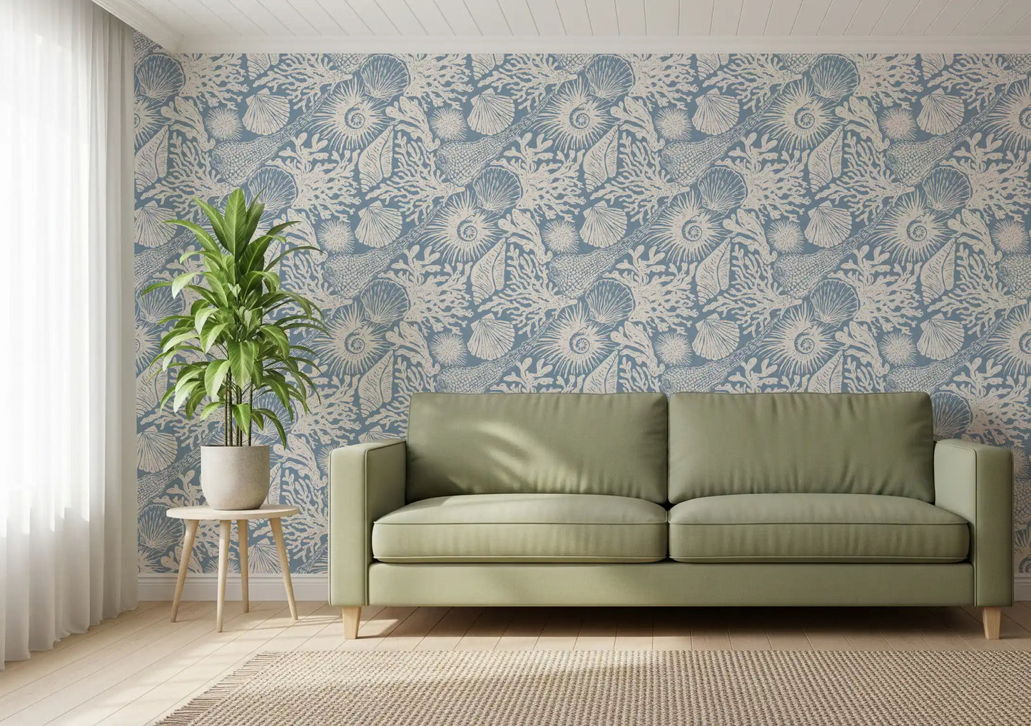 Off-White Seashell wallpaper wrapping a living room in dusty azure blue tones
