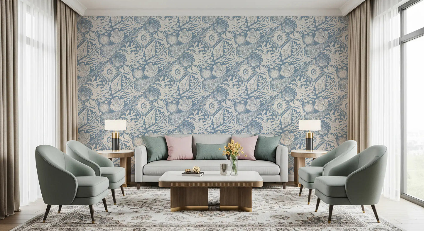 Boho Seashell Coral wallpaper occupying a living room back surface in azure