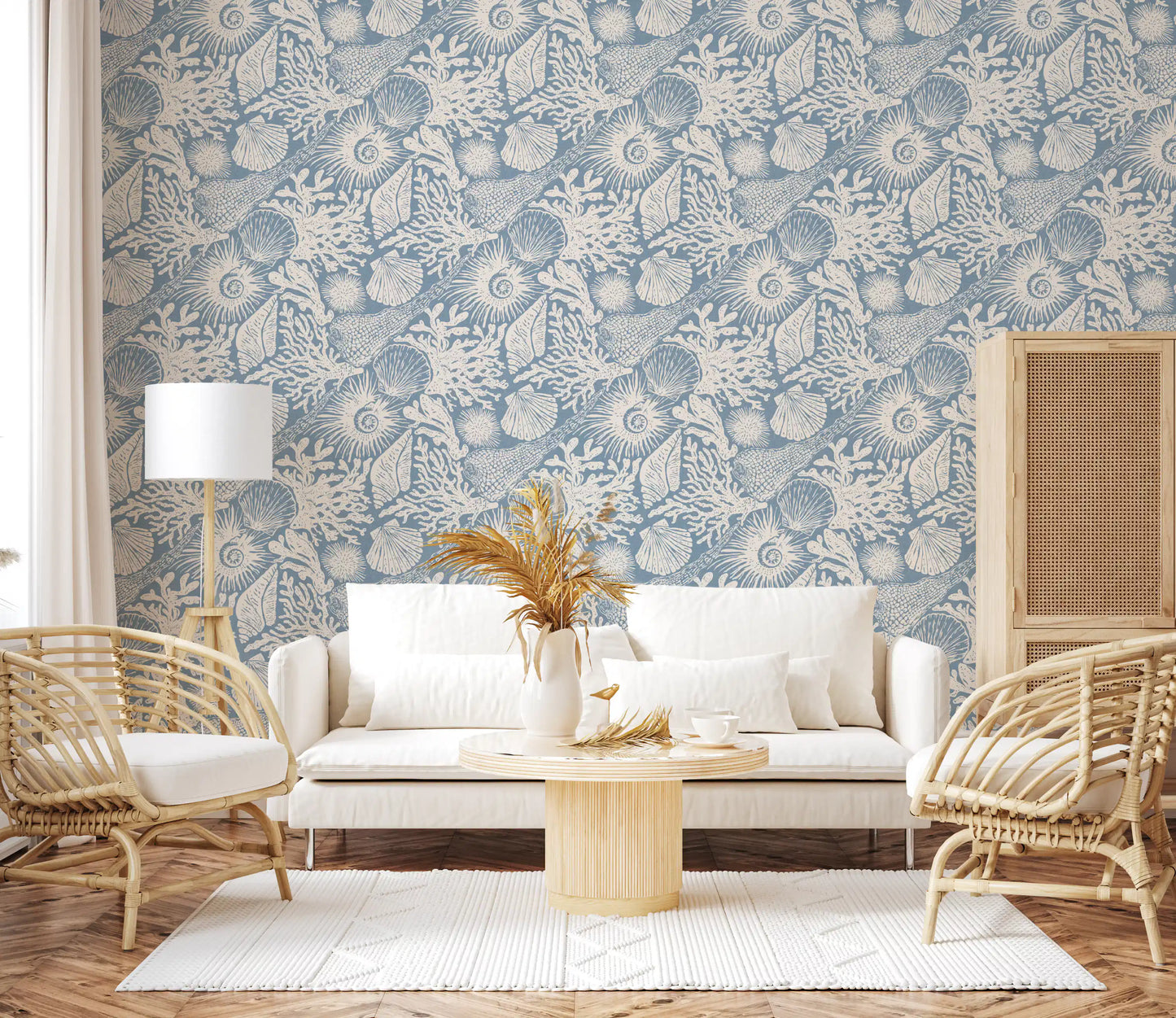 Steel-blue linocut ground of the Boho Seashell Off-White on Azure wallpaper