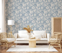 Steel-blue linocut ground of the Boho Seashell Off-White on Azure wallpaper