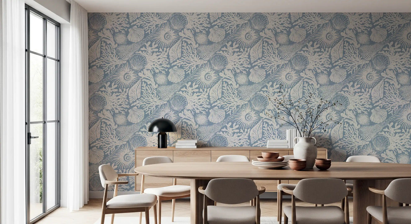 Boho Seashell & Coral Off-White on Azure Wallpaper⁠
