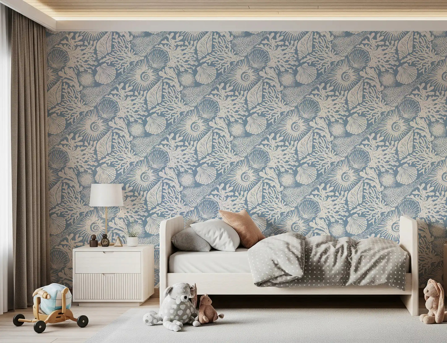 Sunlit off-white seashells on the Azure Boho Seashell Coral wallpaper ground