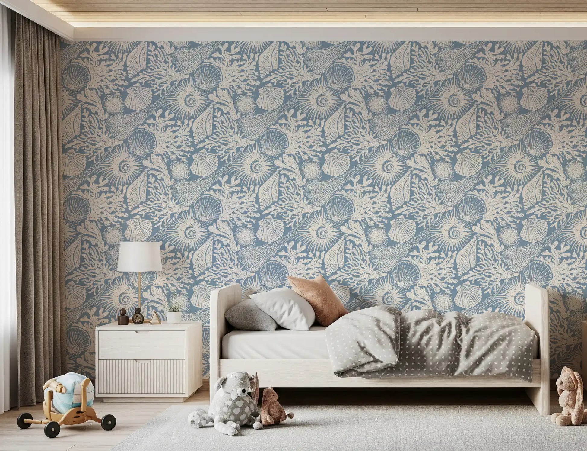 Sunlit off-white seashells on the Azure Boho Seashell Coral wallpaper ground