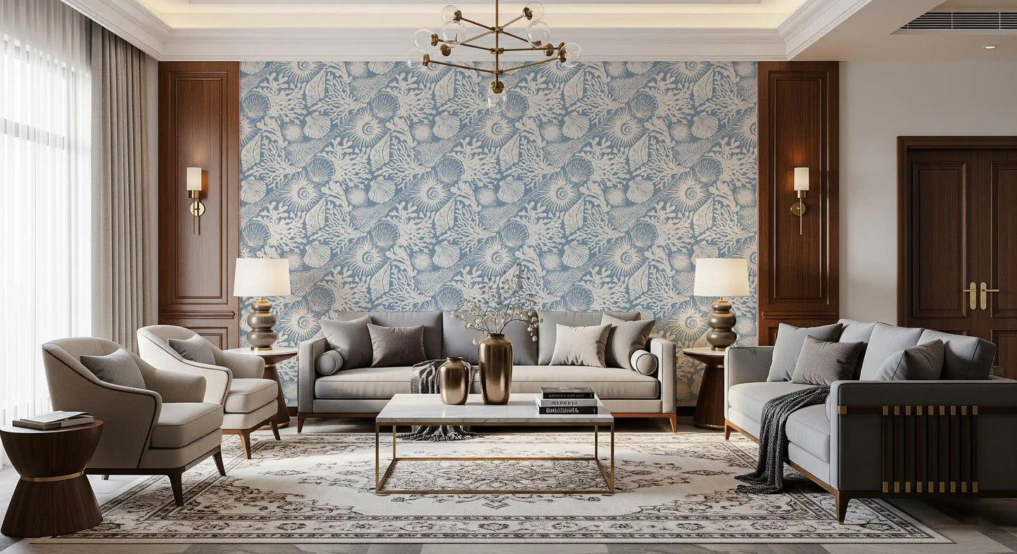 Fan shell and coral motifs on the Off-White Azure Boho Seashell wallpaper