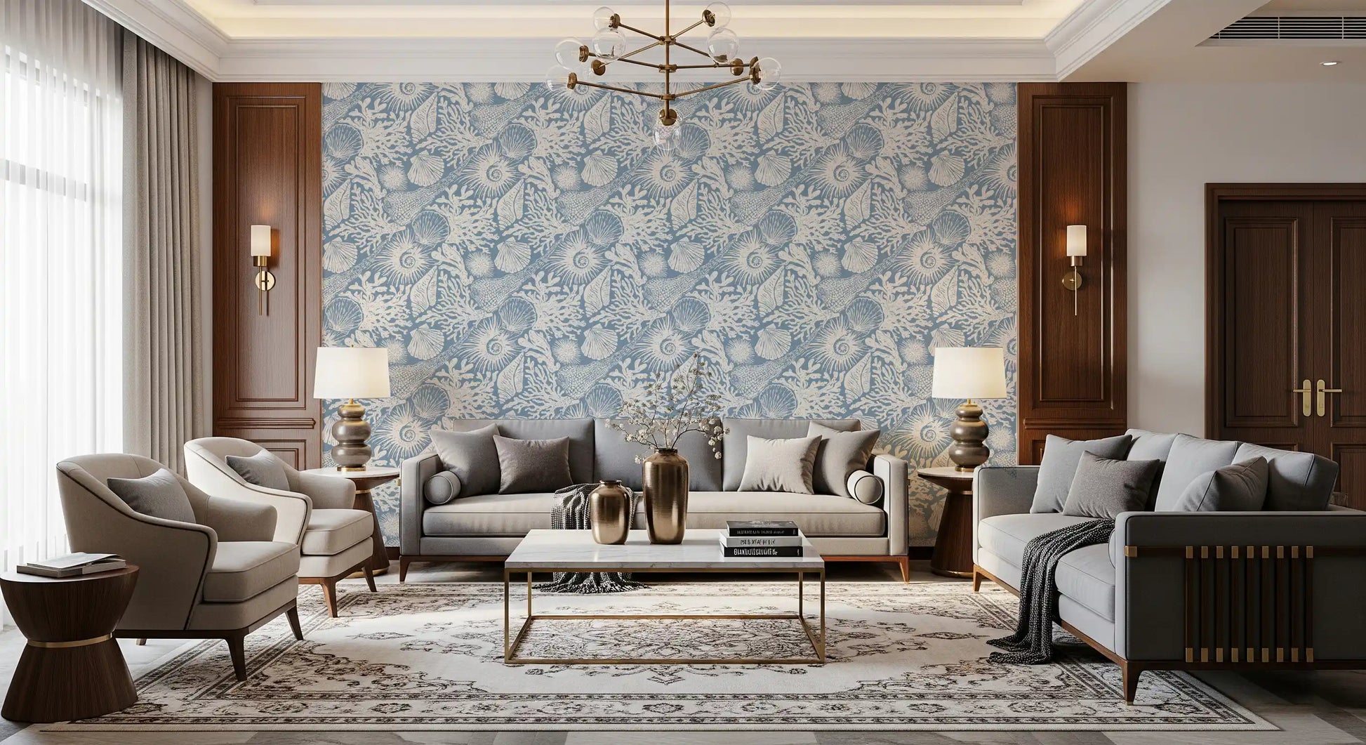 Fan shell and coral motifs on the Off-White Azure Boho Seashell wallpaper