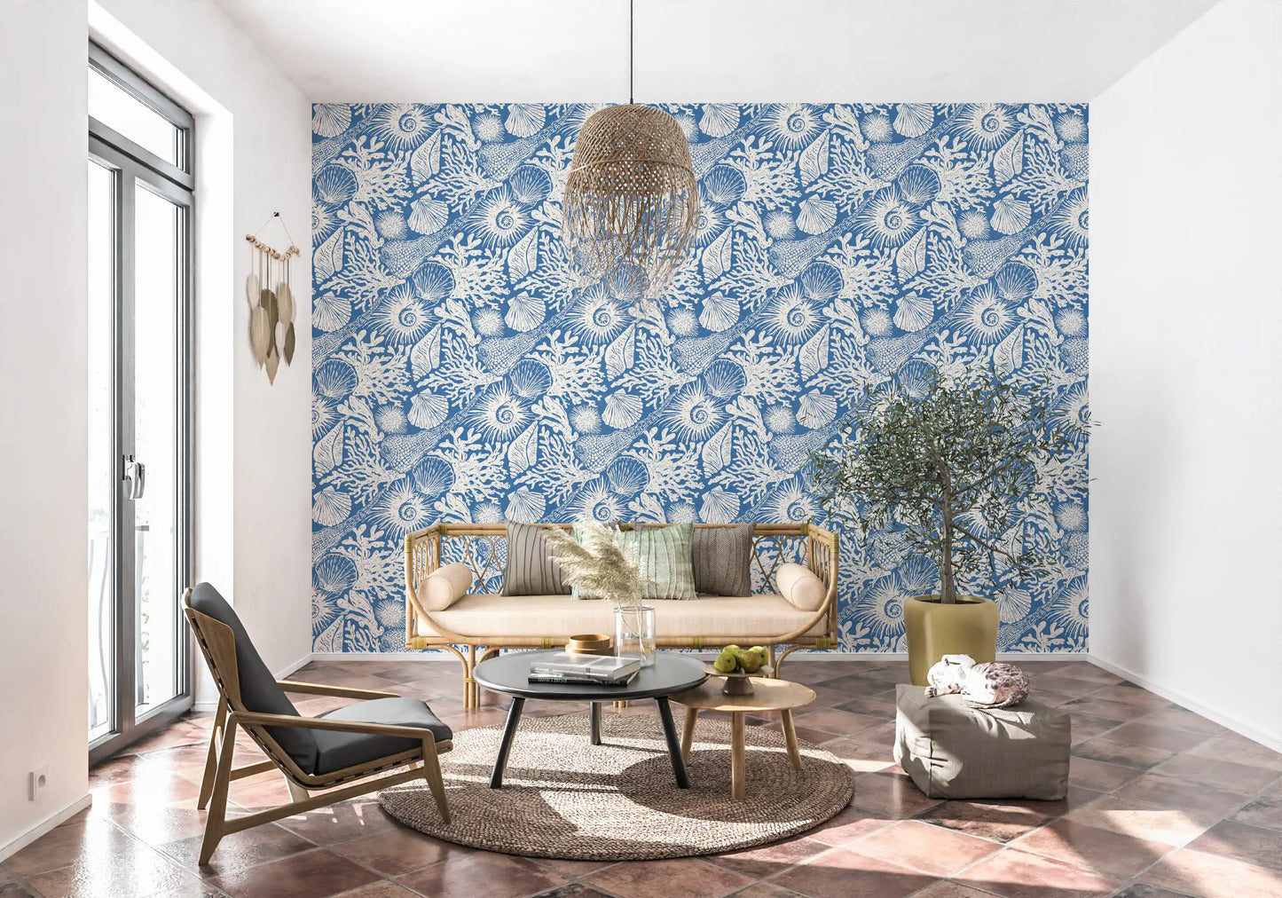 Open-plan living room with the denim blue coastal boho wallpaper in view
