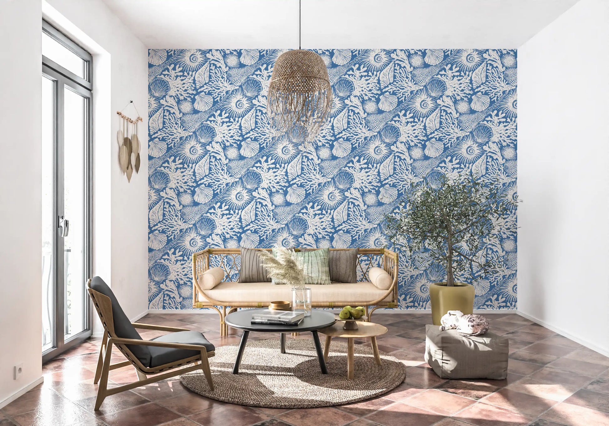 Open-plan living room with the denim blue coastal boho wallpaper in view