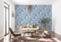 Open-plan living room with the denim blue coastal boho wallpaper in view