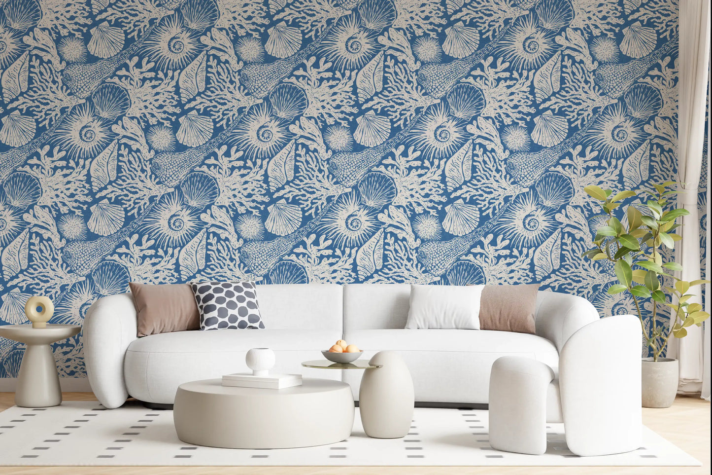 Hallway covered in the vivid denim blue boho seashell coral wallpaper