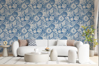 Hallway covered in the vivid denim blue boho seashell coral wallpaper