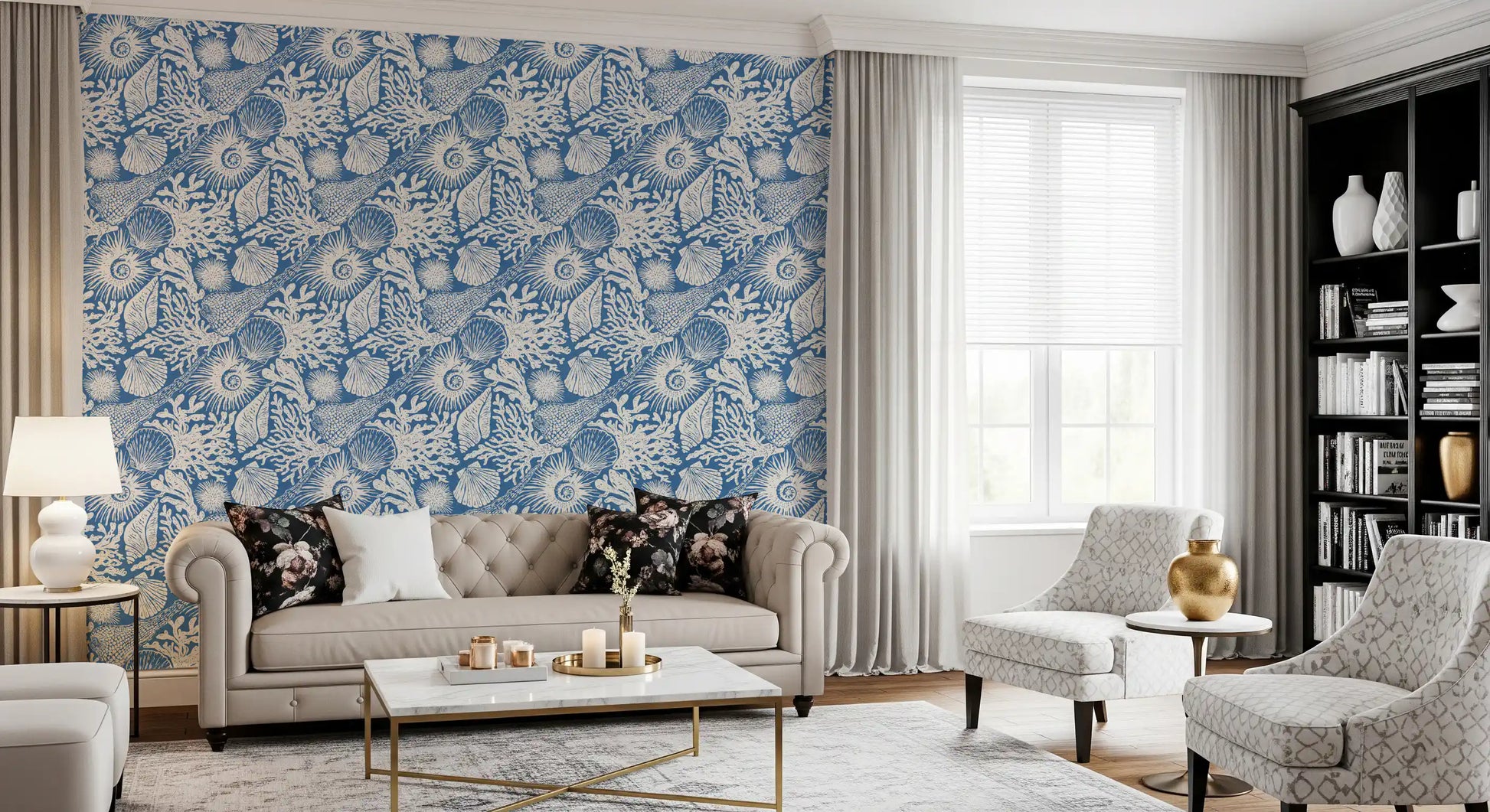 High-contrast white motifs floating on the vivid blue boho seashell wallpaper