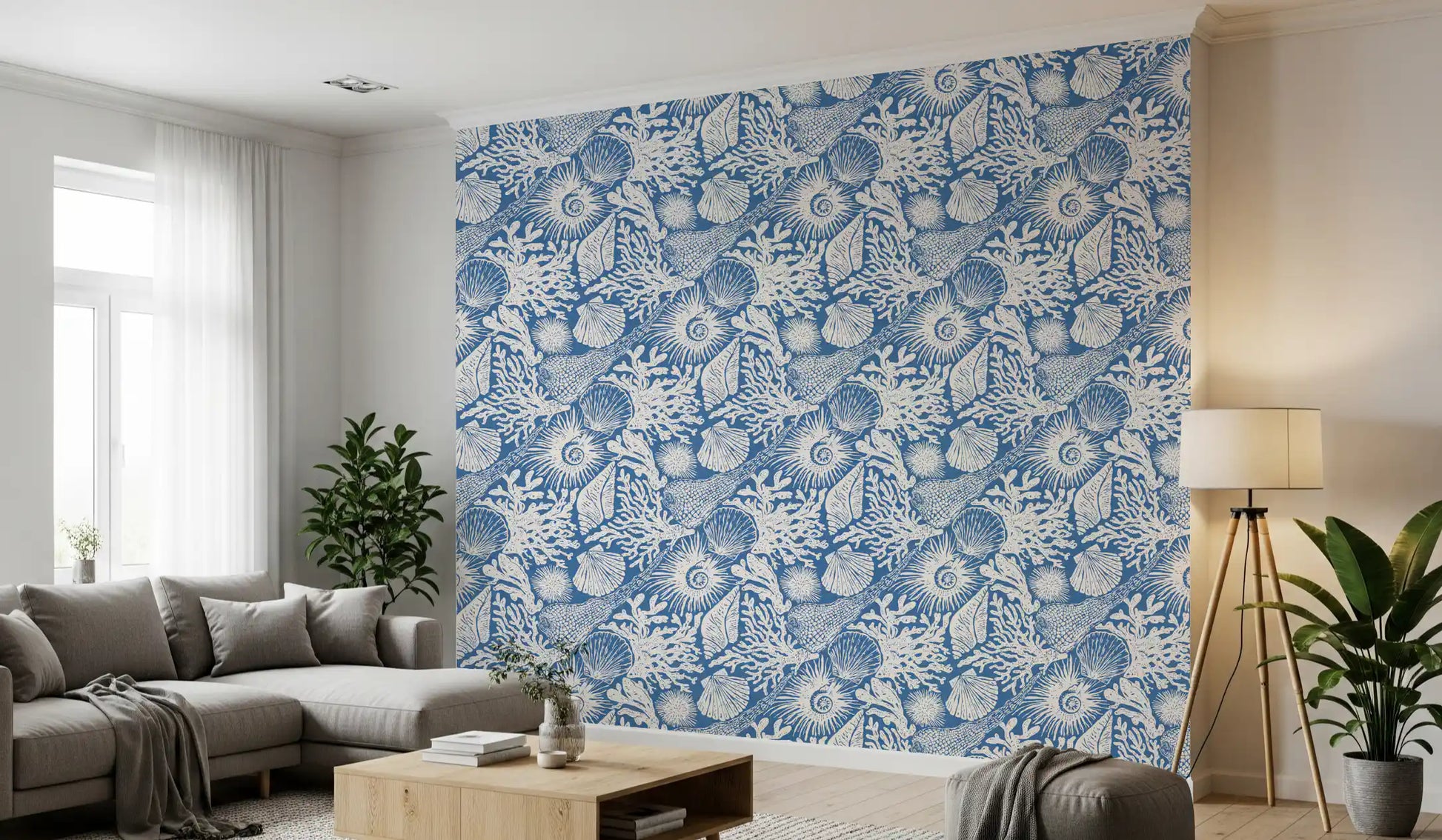 All-over illustrated coastal pattern in vivid blue on the seashell wallpaper