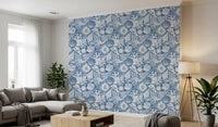 All-over illustrated coastal pattern in vivid blue on the seashell wallpaper