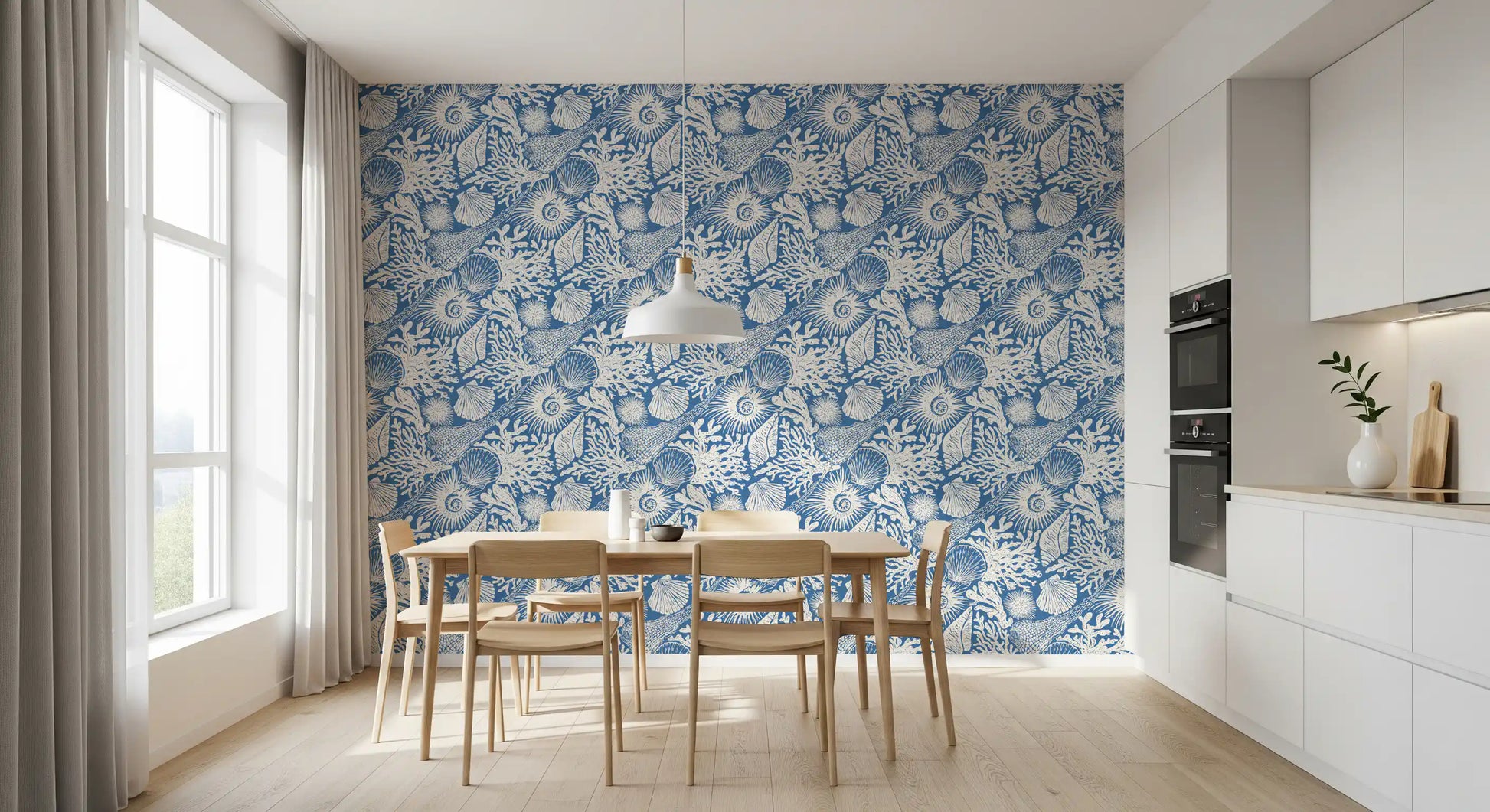 Rich blue ground with white coral branches on the boho seashell wallpaper