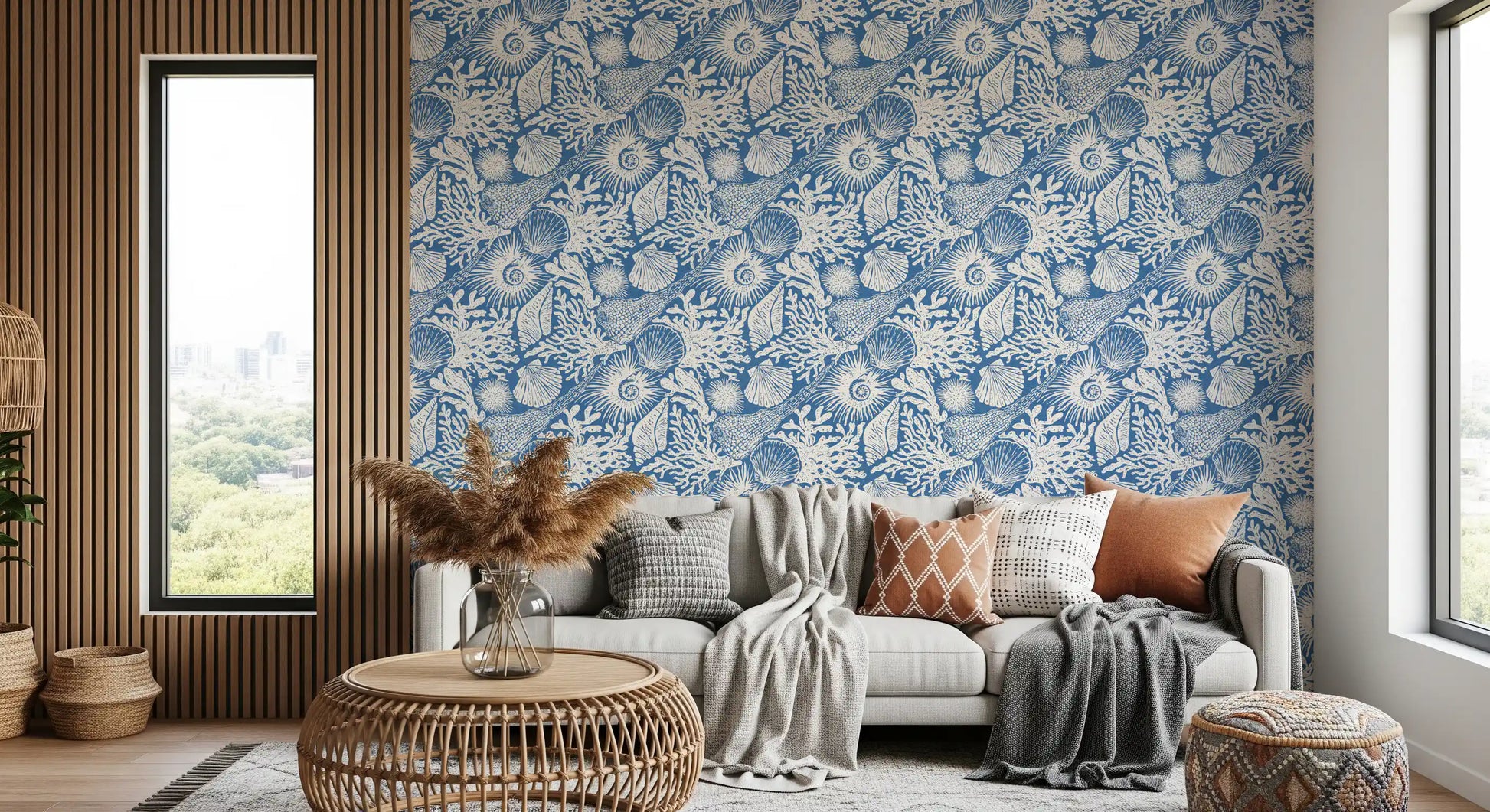 Lounge with the bold blue and white boho seashell wallpaper top to base