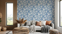 Lounge with the bold blue and white boho seashell wallpaper top to base