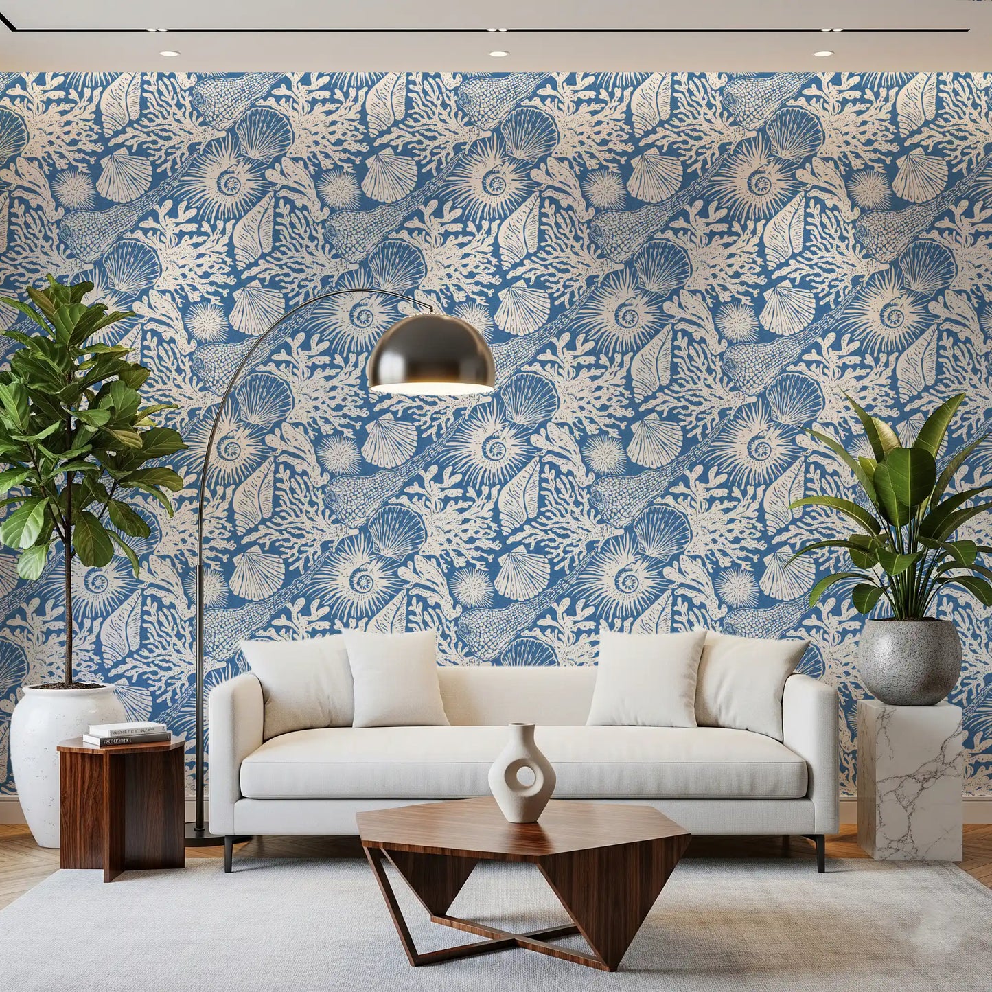 Living room featuring the bold denim blue boho seashell wallpaper pattern