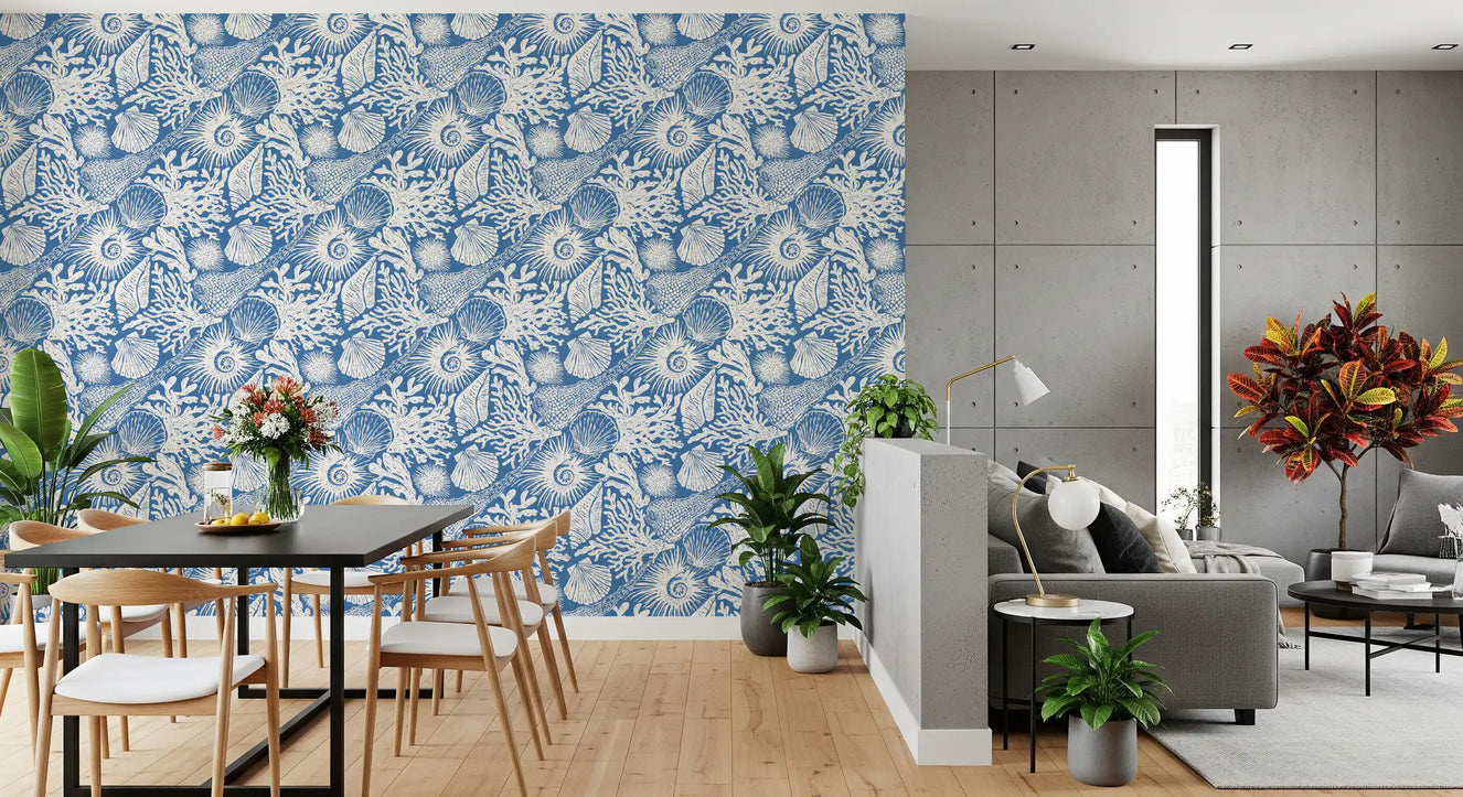 Boho Seashell & Coral Denim Blue Wallpaper⁠