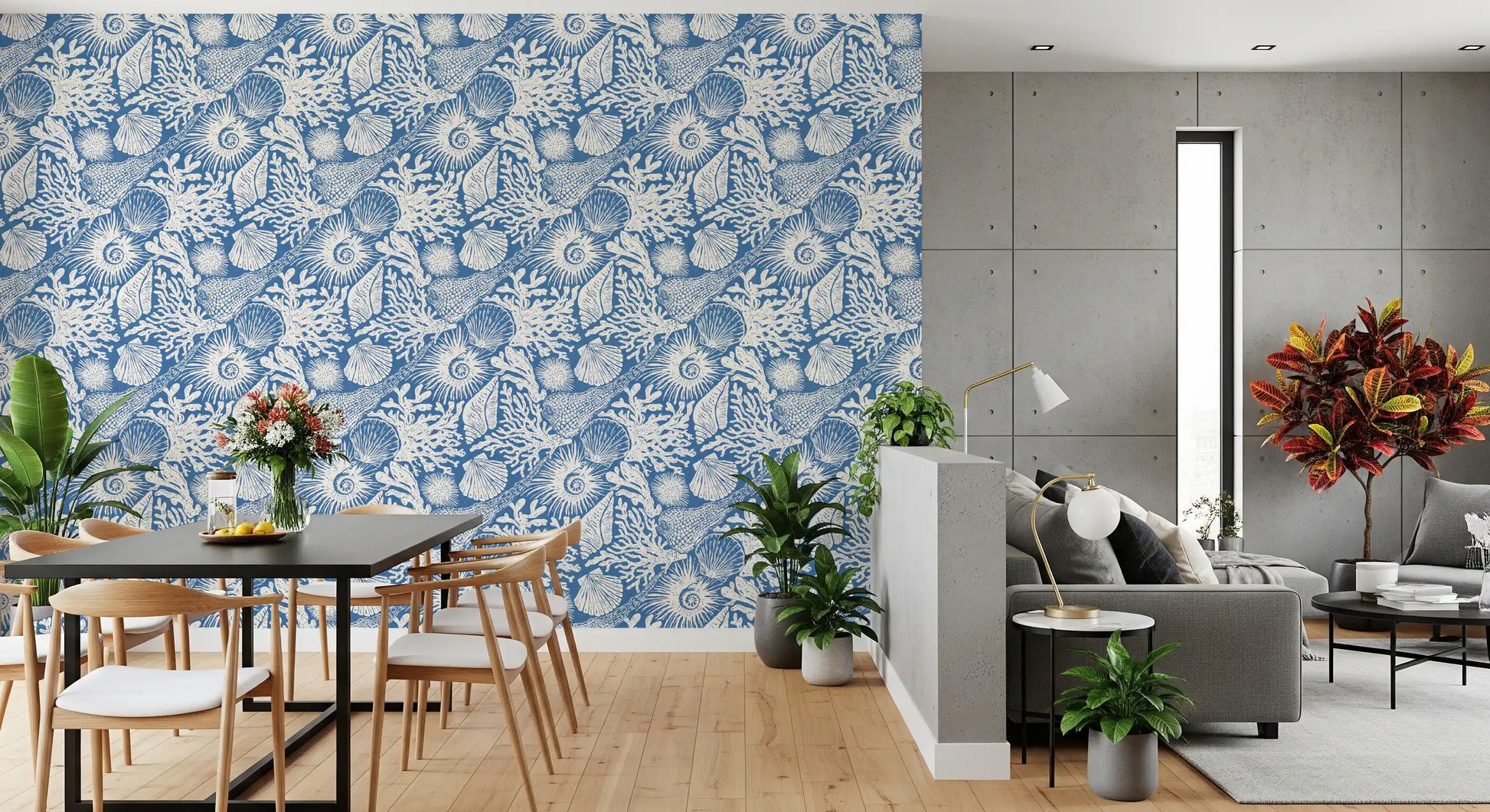 The vivid blue seashell coral wallpaper seen across a modern dining room