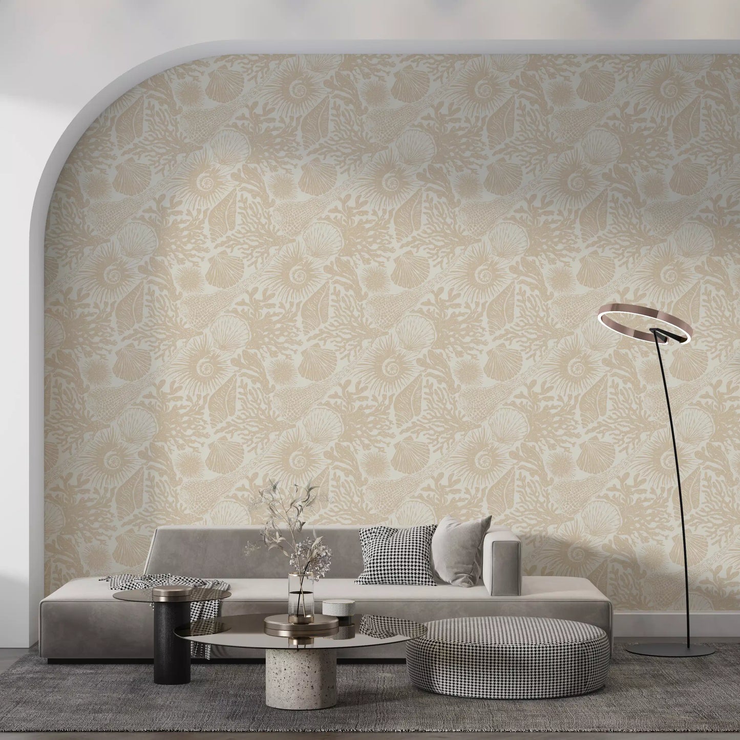 Boho Sand seashell wallpaper covering a living room in subtle neutral tones