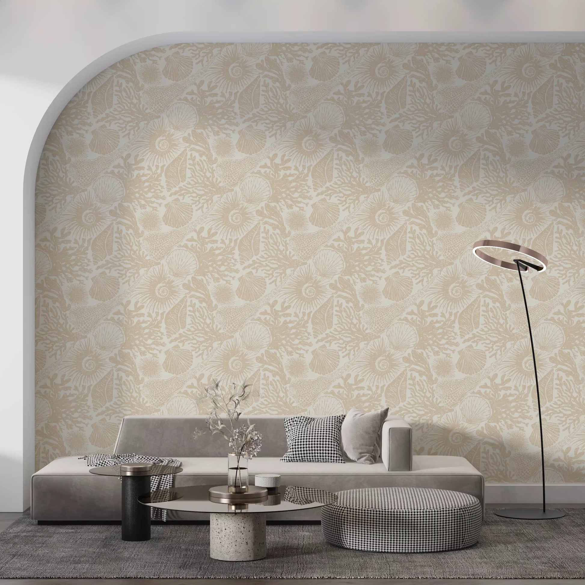 Boho Sand seashell wallpaper covering a living room in subtle neutral tones