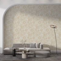 Boho Sand seashell wallpaper covering a living room in subtle neutral tones