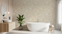 Boho Seashell Sand wallpaper filling a bathroom in a neutral tonal coastal repeat