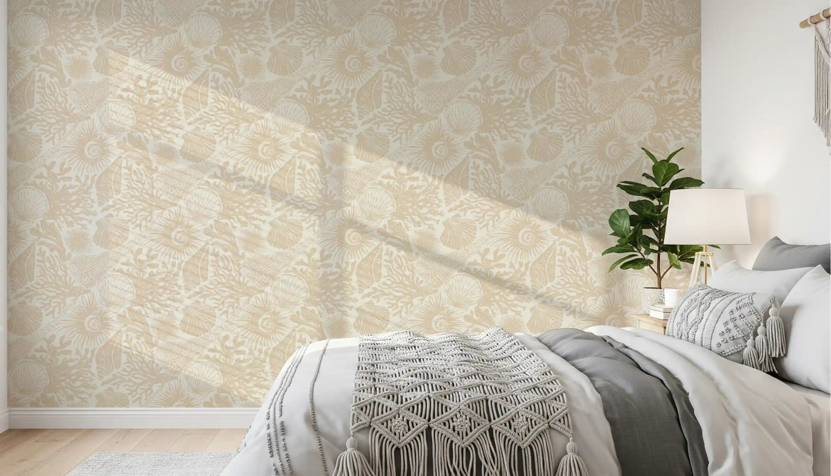 Boho Seashell Coral Sand wallpaper across a bedroom in warm beige and cream tones