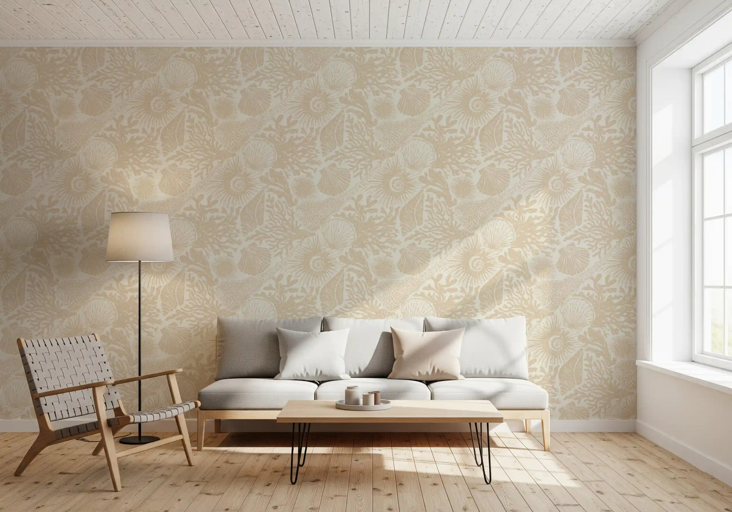 Full swatch of the Boho Seashell Coral Sand wallpaper in warm neutral tones