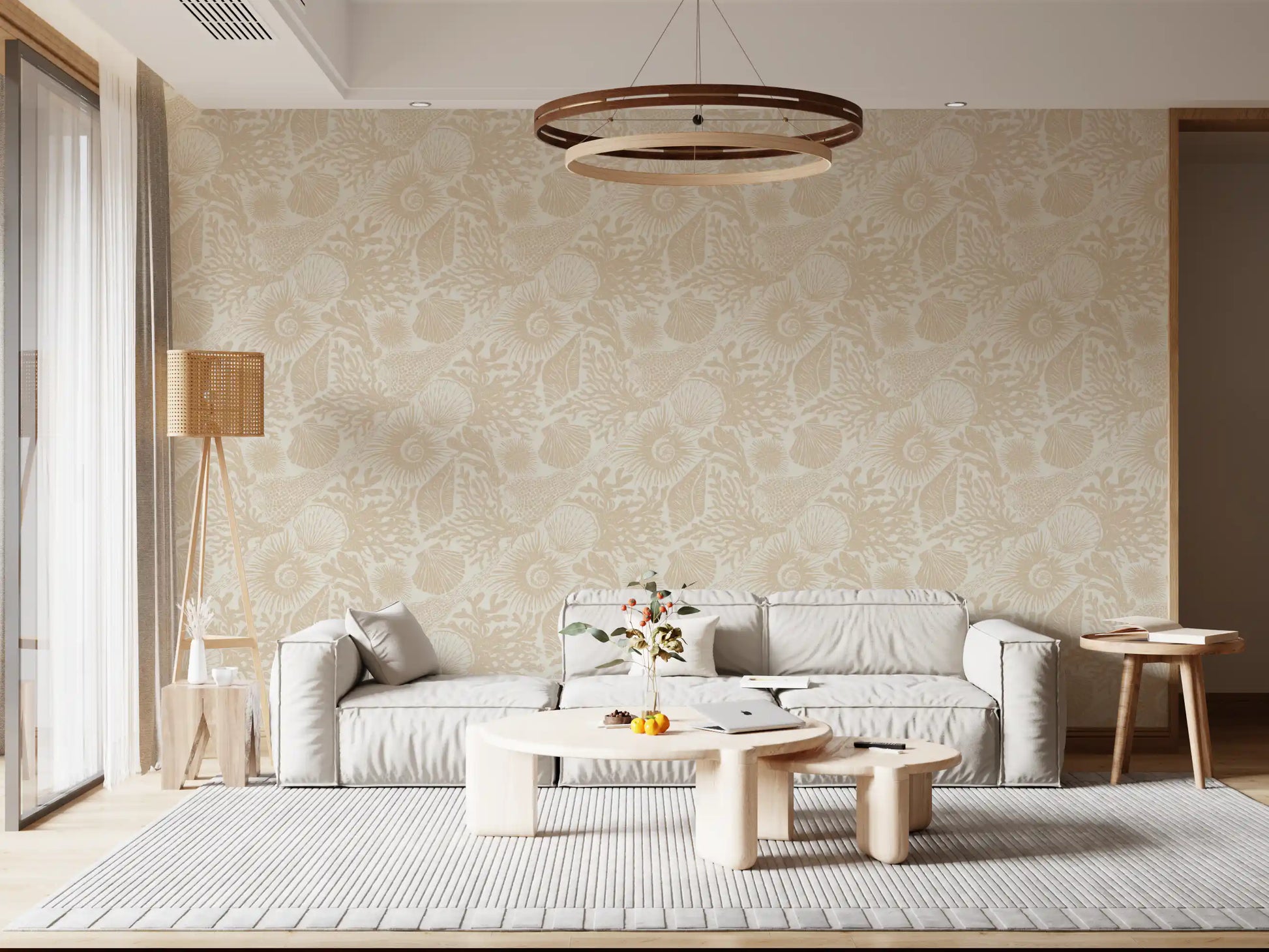 Tonal sand coastal wallpaper spanning a Living room in warm beige and off-white