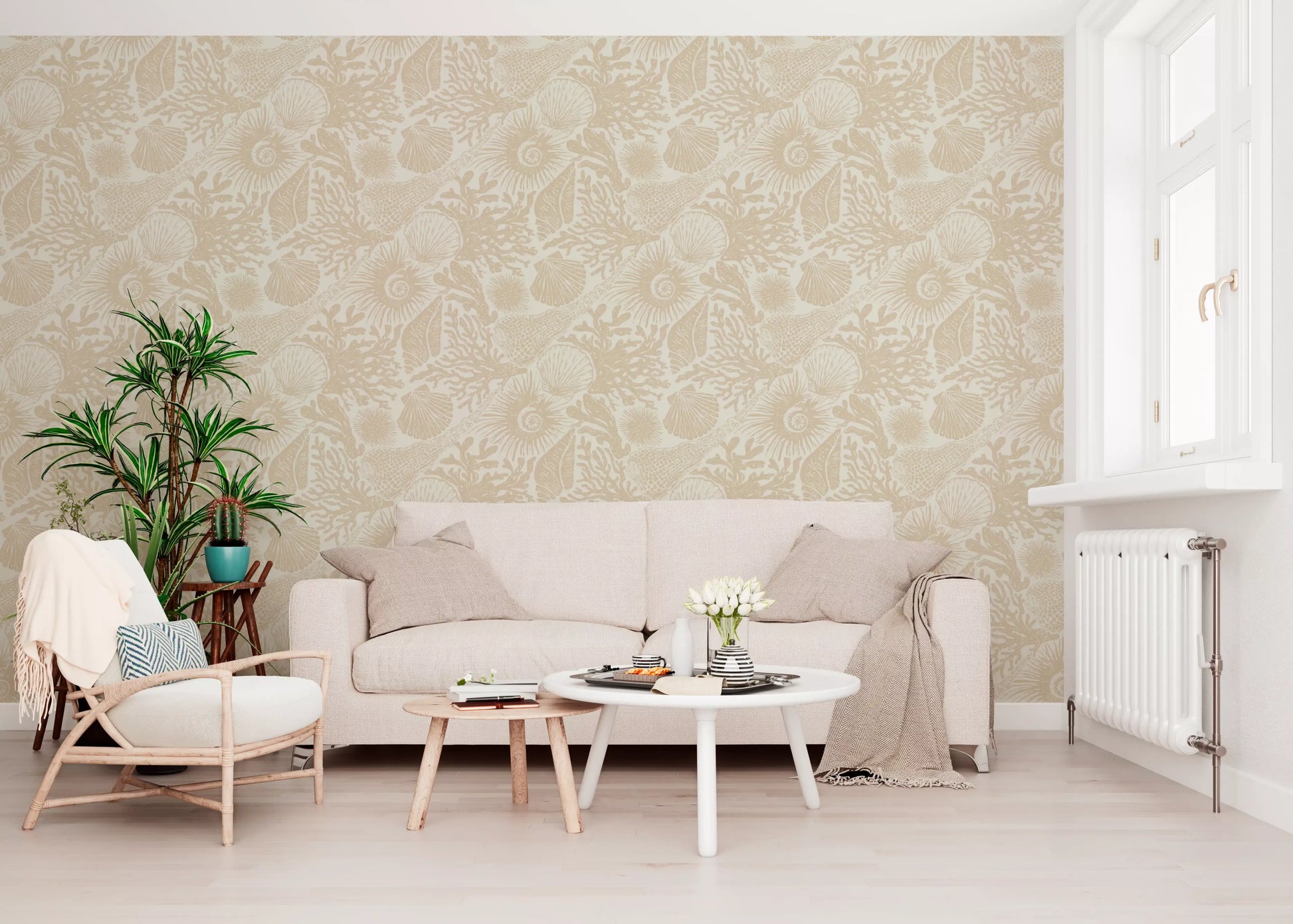 Subtle contrast of sand and cream tones in the Boho Seashell wallpaper