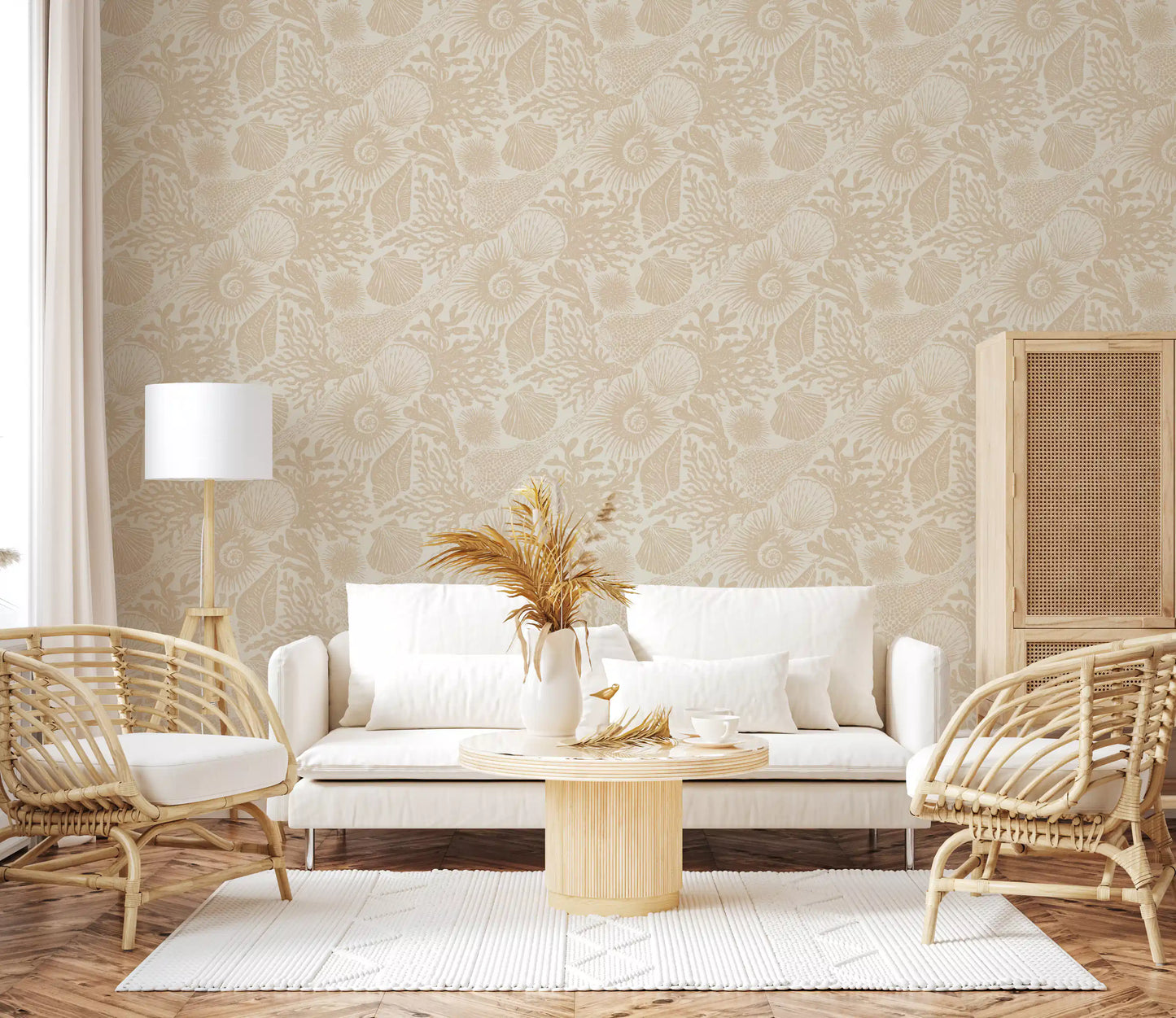 Seashell Coral Sand wallpaper in a Living room in warm beige on cream